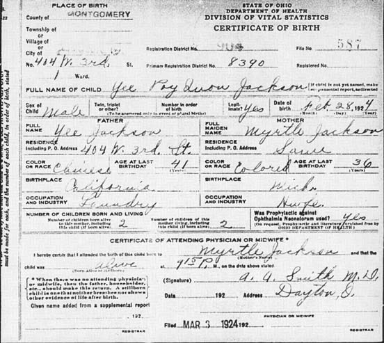 Yee Poy Quon Jackson birth certificate